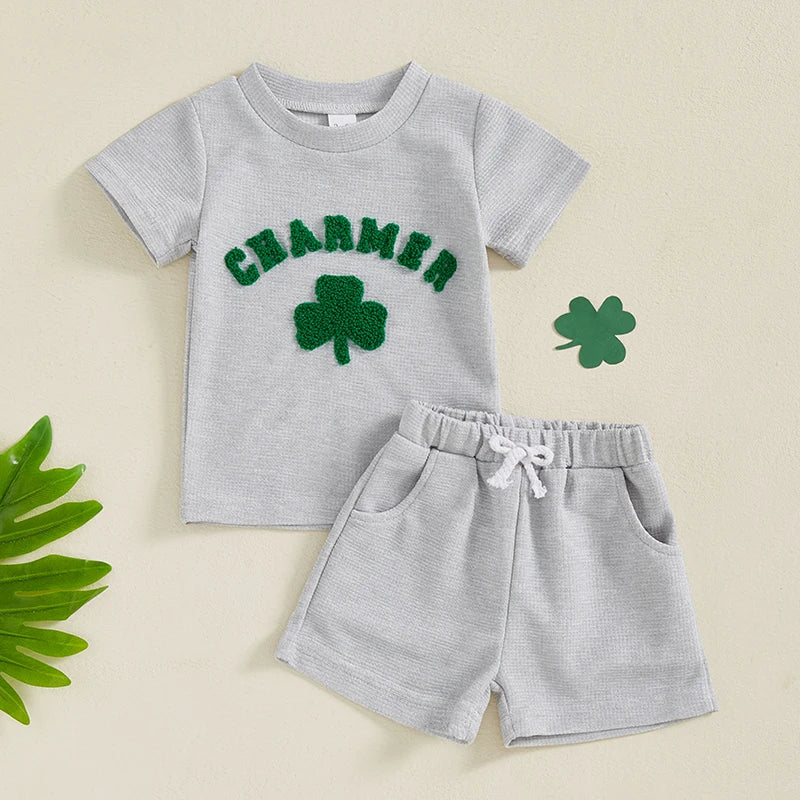 Lioraitiin Toddler Baby Boy Girl St Patricks Day Clover Waffle Short Sleeve Shirt Summer Spring Clothes