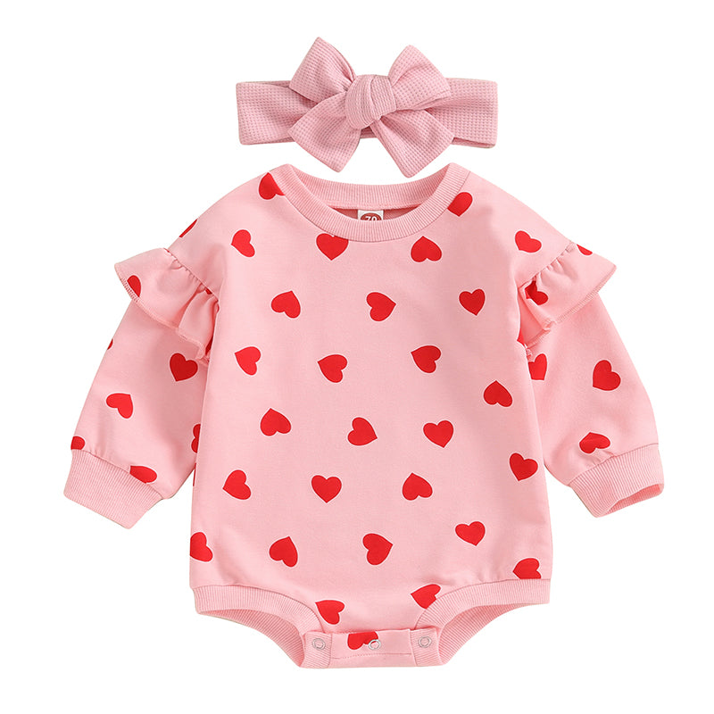 Citgeett Spring Valentine's Day Infant Baby Girl Outfits Ruffle Long Sleeve Heart Print Bodysuit Headband Set Autumn Clothes