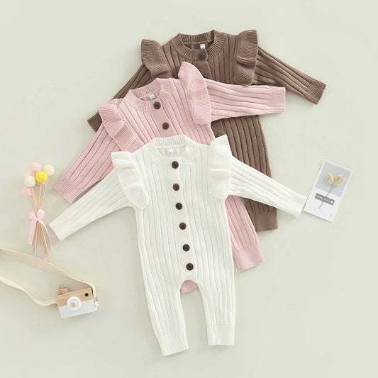 Lioraitiin 0-18M Baby Girl’s Knitted Long Sleeve Jumpsuit Fashion Solid Round Neck Button Casual Long Romper