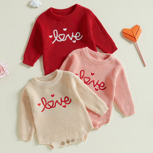 MISOWMNJOY Baby Girl Boy Knit Sweater Romper for Valentine’s Day Newborn Clothes Long Sleeve Letter Embroidery Toddler Clothes