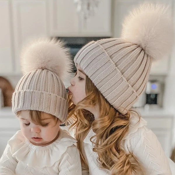 Fluffy Fur Ball Baby Beanie Winter Warm Kids Skullies Cap 2-6year Children Woolen Crochet Bonnet Solid Color Toddler Knitted Hat