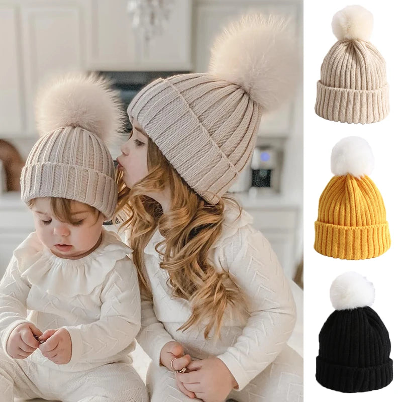 Fluffy Fur Ball Baby Beanie Winter Warm Kids Skullies Cap 2-6year Children Woolen Crochet Bonnet Solid Color Toddler Knitted Hat