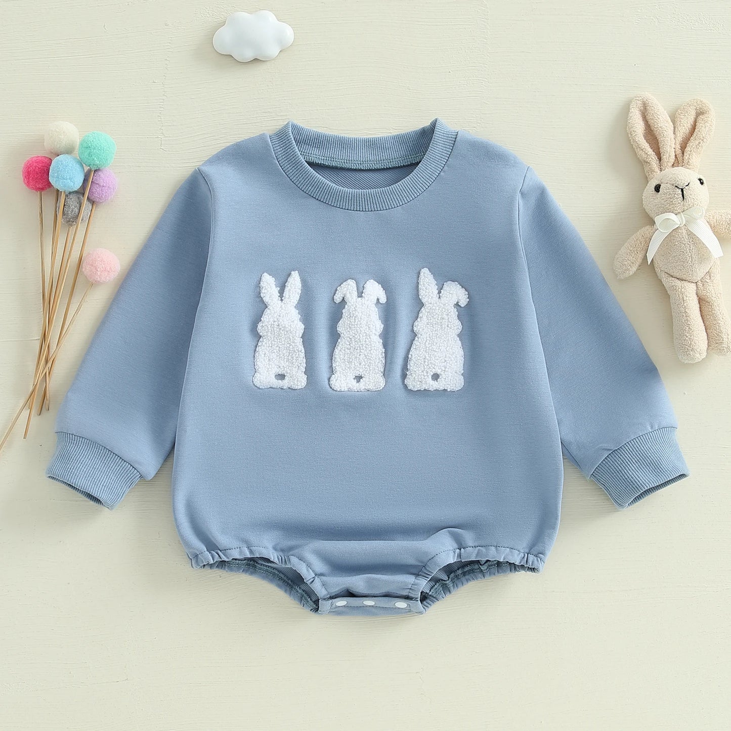 Long Sleeve Baby Girl Easter Sweatshirt Romper Cute Bunny Embroidered Casual Adorable Spring Fall Newborn Jumpsuits Clothes