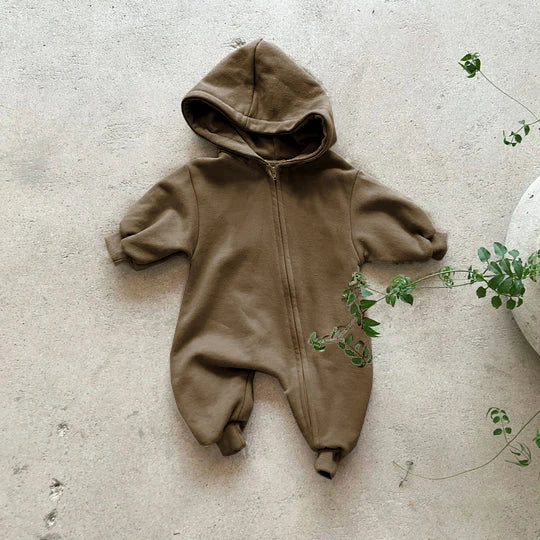 Baby Hooded Zipper Bodysuit Newborn Boys and Girls Mountaineering Suit Solid Color Bodysuit Long Fit Sports Climbing Suit