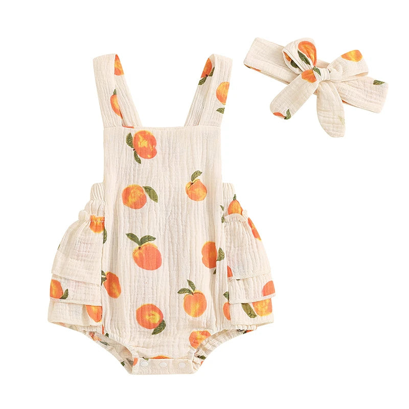 Lioraitiin Summer Baby Girls Romper Peach Print Sleeveless Square Neck Side Tiered Ruffled Jumpsuit with Bow Headband