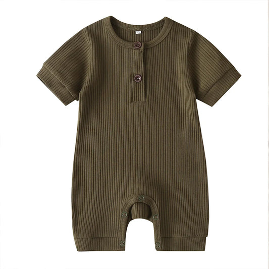 Baby Boys Girls Short Sleeve Romper Summer Toddler Clothes Infant Solid Color Knit Rib O Neck Jumpsuits Playsuit Outfits