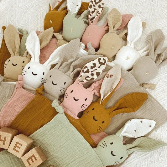 Soft Cotton Muslin Baby Bib Stuffed Rabbit Doll Newborn Appease Towel Security Blanket Baby Sleeping Cuddling Towel Facecloth