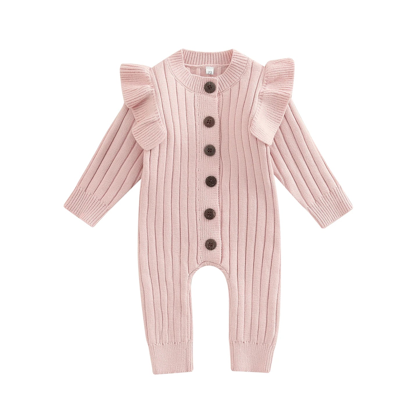 Lioraitiin 0-18M Baby Girl’s Knitted Long Sleeve Jumpsuit Fashion Solid Round Neck Button Casual Long Romper