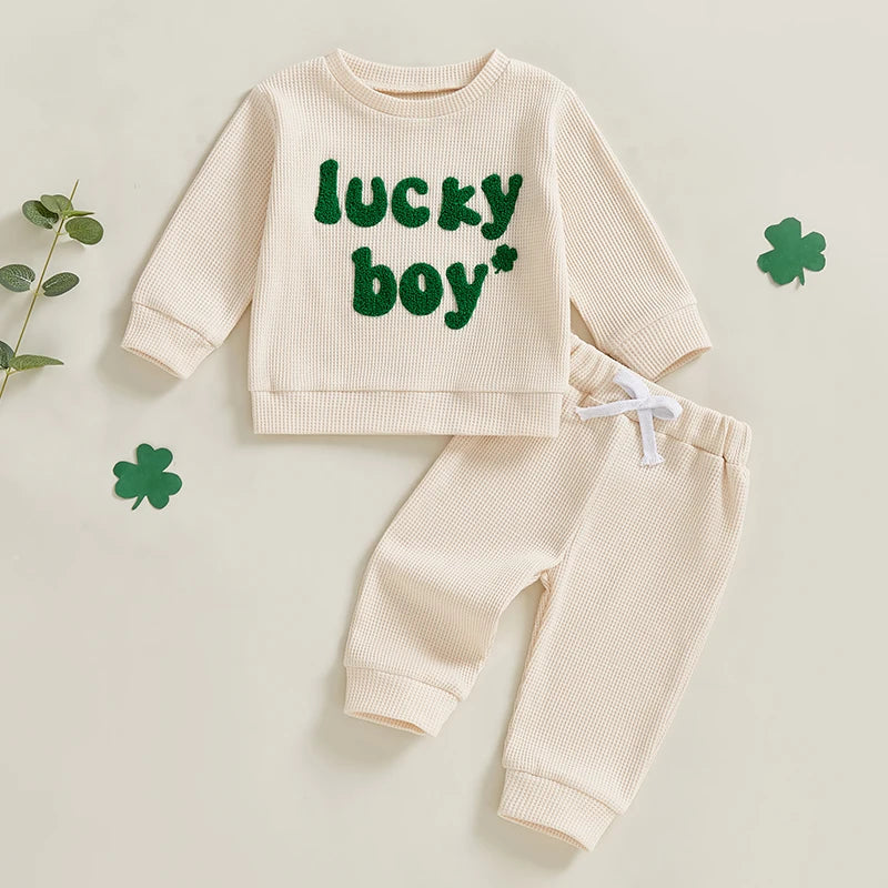 Lioraitiin Toddler Baby Boy St Patricks Day Outfit Letter Embroidery Long Sleeve Waffle Knit Sweatshirt and Pants Set