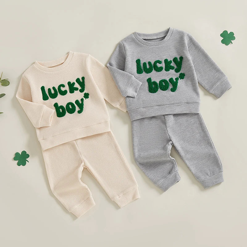 Lioraitiin Toddler Baby Boy St Patricks Day Outfit Letter Embroidery Long Sleeve Waffle Knit Sweatshirt and Pants Set