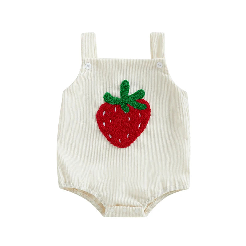 Pudcoco Infant Baby Girls Romper Ribbed Strawberry Embroidery Sleeveless Knit Infant Jumpsuit for Summer