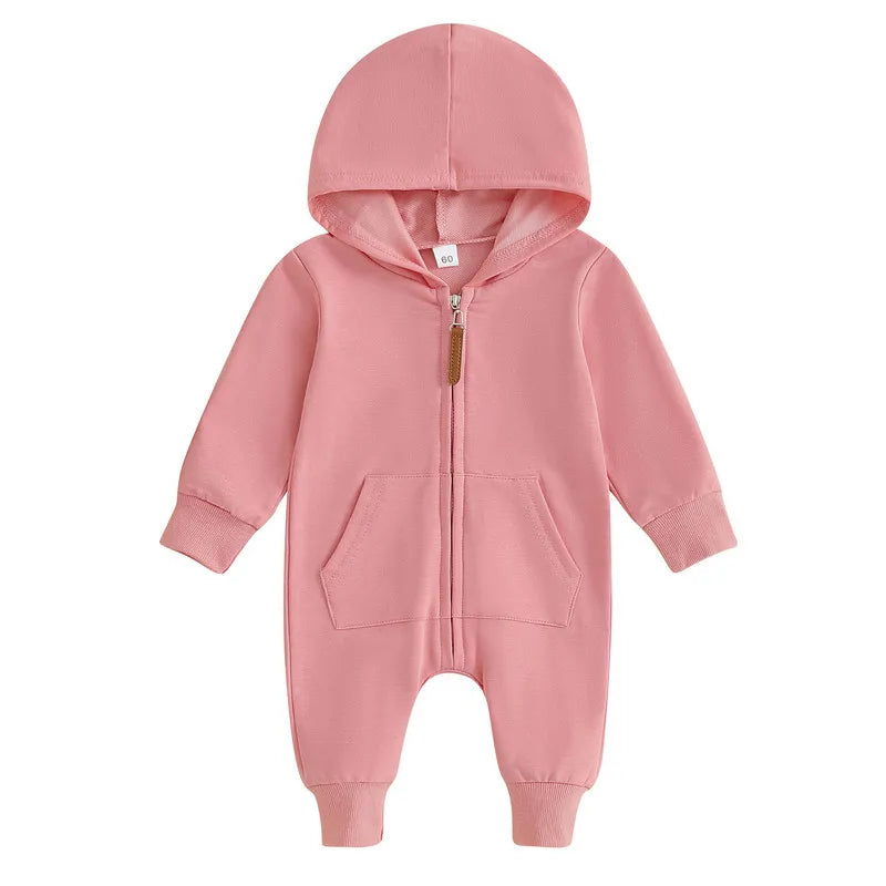 RUEWEY Baby Girl Boy Clothes Newborn Spring Autumn Hooded Romper Solid Color Zipper Jumpsuit for Kids Baby Items Clothing