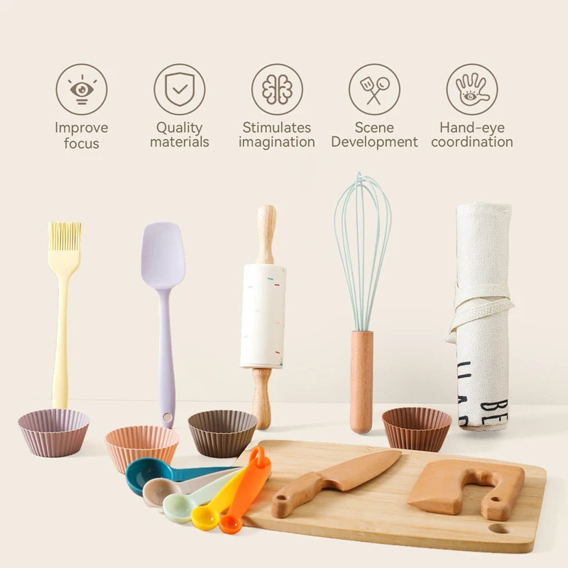 Montessori Kids Play Kitchen Set Pretend Play Cooking Toys Set Kitchen Toys Playset For Toddlers Cutting Board Apron for Kids