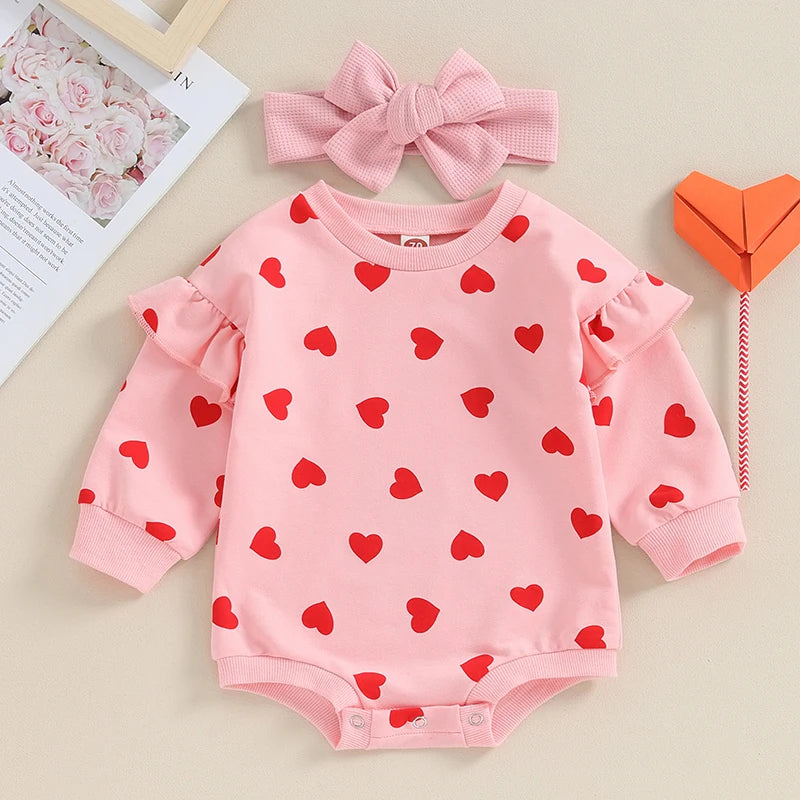 Citgeett Spring Valentine's Day Infant Baby Girl Outfits Ruffle Long Sleeve Heart Print Bodysuit Headband Set Autumn Clothes