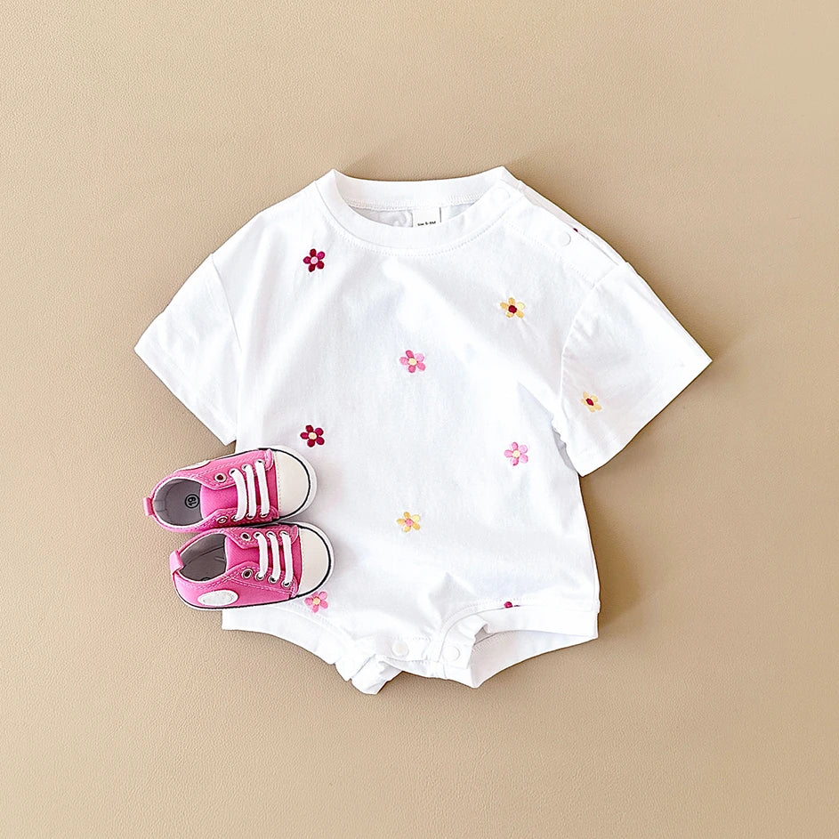 Summer Baby Romper Newborn Floral Print Round Neck Short Sleeved Jumpsuit Cotton Infant Bodysuit Girls Child Clothing 0-18M