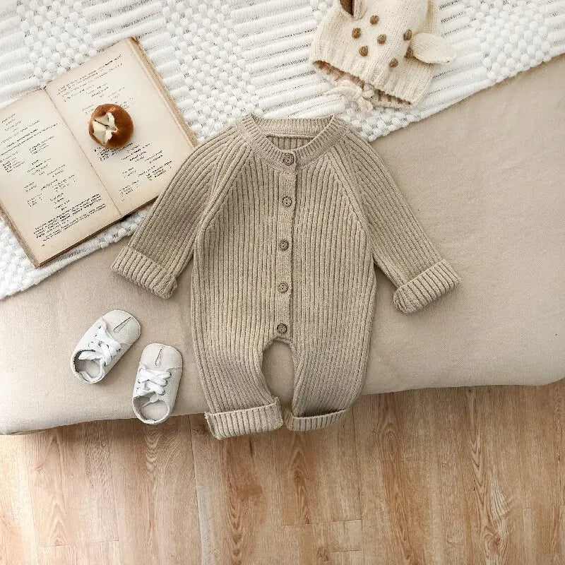 Autumn Winter Clothes Newborn Knitted Cardigan Solid Romper Girl Baby Ribbed Knit Jumpsuit Boy Infant Thick Fashion One-piece