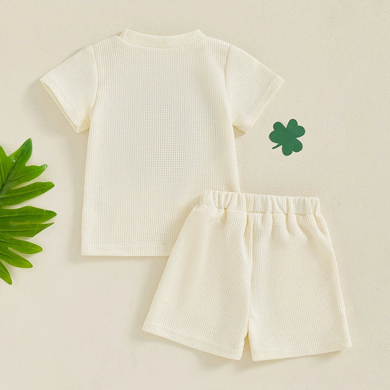 Lioraitiin Toddler Baby Boy Girl St Patricks Day Clover Waffle Short Sleeve Shirt Summer Spring Clothes