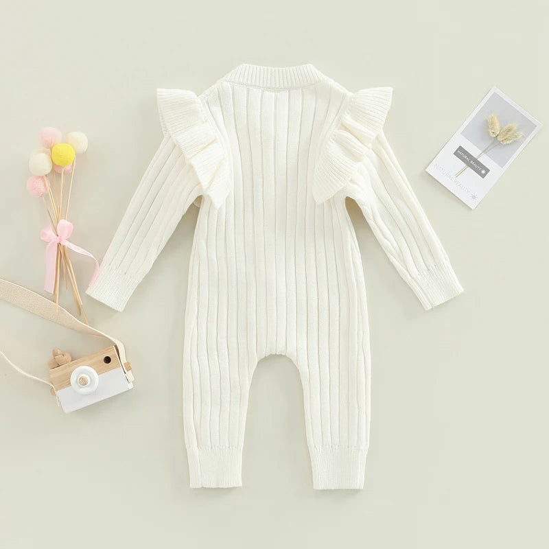 Lioraitiin 0-18M Baby Girl’s Knitted Long Sleeve Jumpsuit Fashion Solid Round Neck Button Casual Long Romper