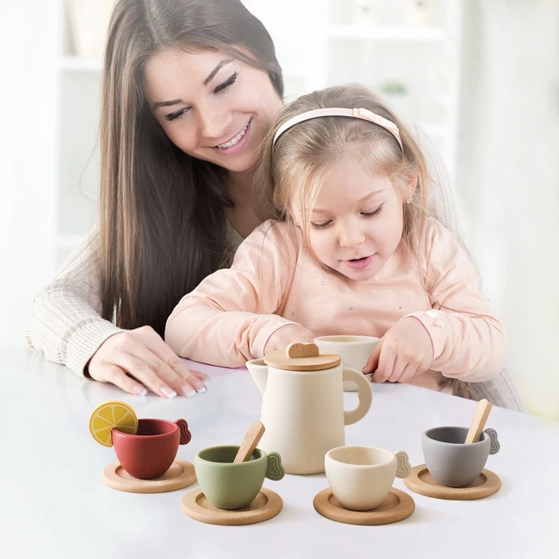 Wooden Children Montessori Toy Teapot Teacup Simulation Kitchen Utensil  BPA Free Silicone Kid Education Pretend Play Toy Gift