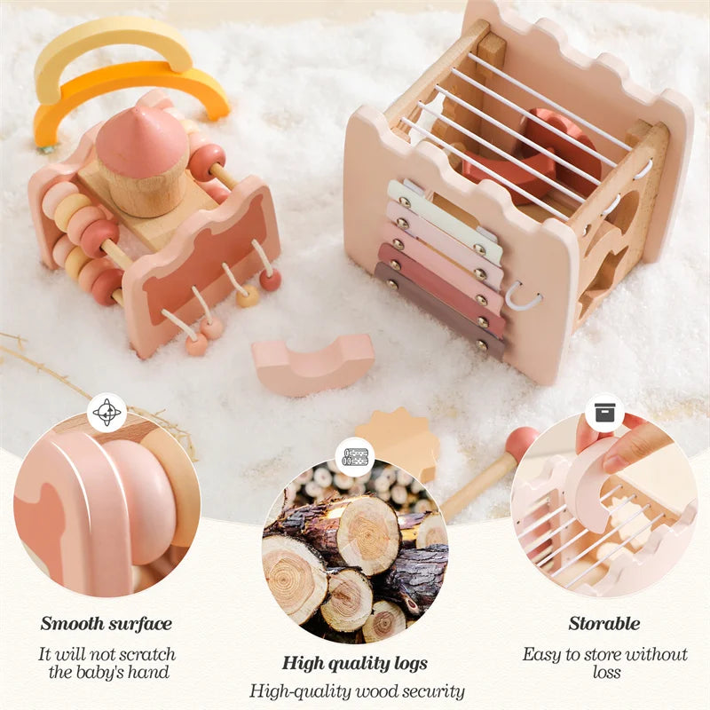 Baby Montessori Toy Wooden Five-in-one Mushroom Castle Stacking Puzzle Toy Kid Houses Blocks Early Childhood Education Game Gift