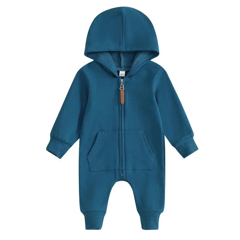 RUEWEY Baby Girl Boy Clothes Newborn Spring Autumn Hooded Romper Solid Color Zipper Jumpsuit for Kids Baby Items Clothing