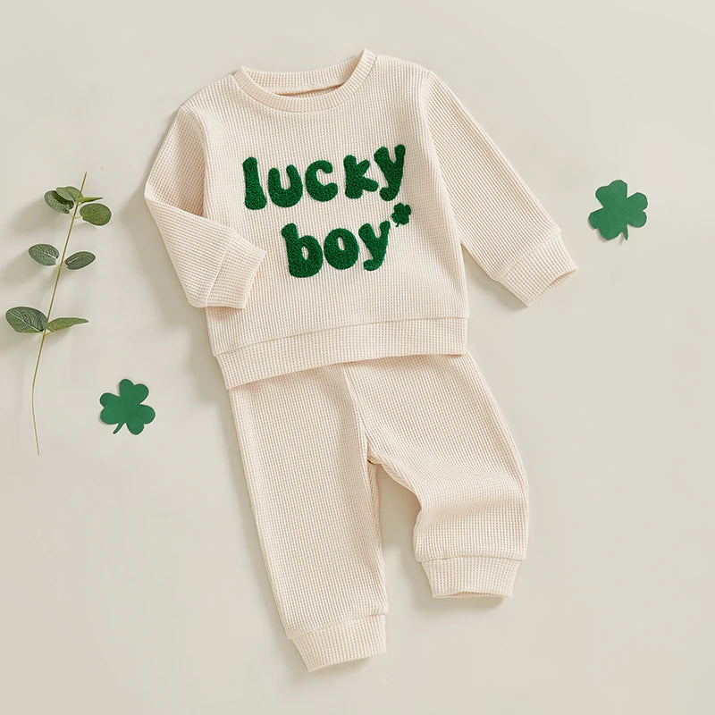 Lioraitiin Toddler Baby Boy St Patricks Day Outfit Letter Embroidery Long Sleeve Waffle Knit Sweatshirt and Pants Set