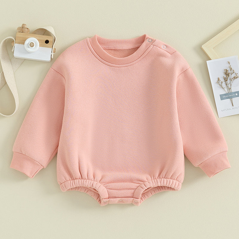 Lioraitiin 0-18M Newborn Baby Boy Girl Outfits Fleece Solid Color Bubble Bodysuit Sweatshirt Long Sleeve Warm Clothes