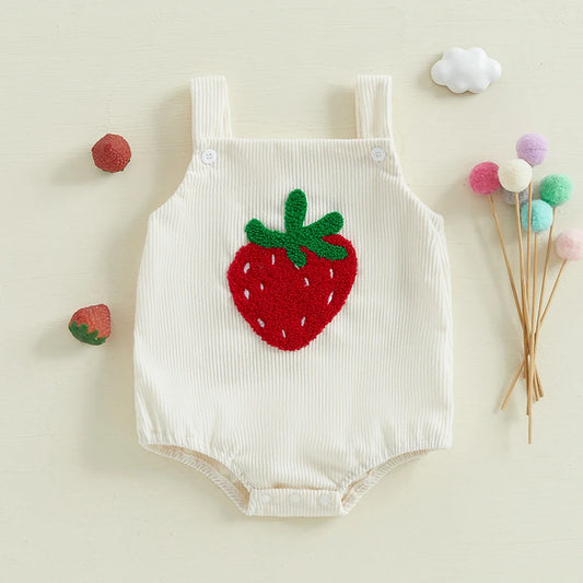 Pudcoco Infant Baby Girls Romper Ribbed Strawberry Embroidery Sleeveless Knit Infant Jumpsuit for Summer