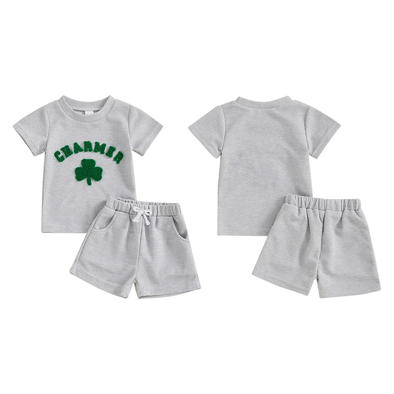 Lioraitiin Toddler Baby Boy Girl St Patricks Day Clover Waffle Short Sleeve Shirt Summer Spring Clothes