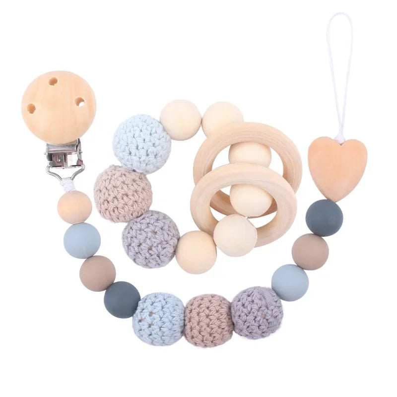 1-2 pcs Baby Pacifier Clip Wooden Teethers Bracelet Set Silicone Beads Babies Soothe Nipple Teething Toys Anti-lost Chain Newborn