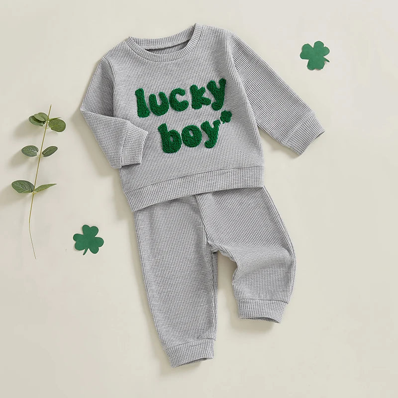 Lioraitiin Toddler Baby Boy St Patricks Day Outfit Letter Embroidery Long Sleeve Waffle Knit Sweatshirt and Pants Set