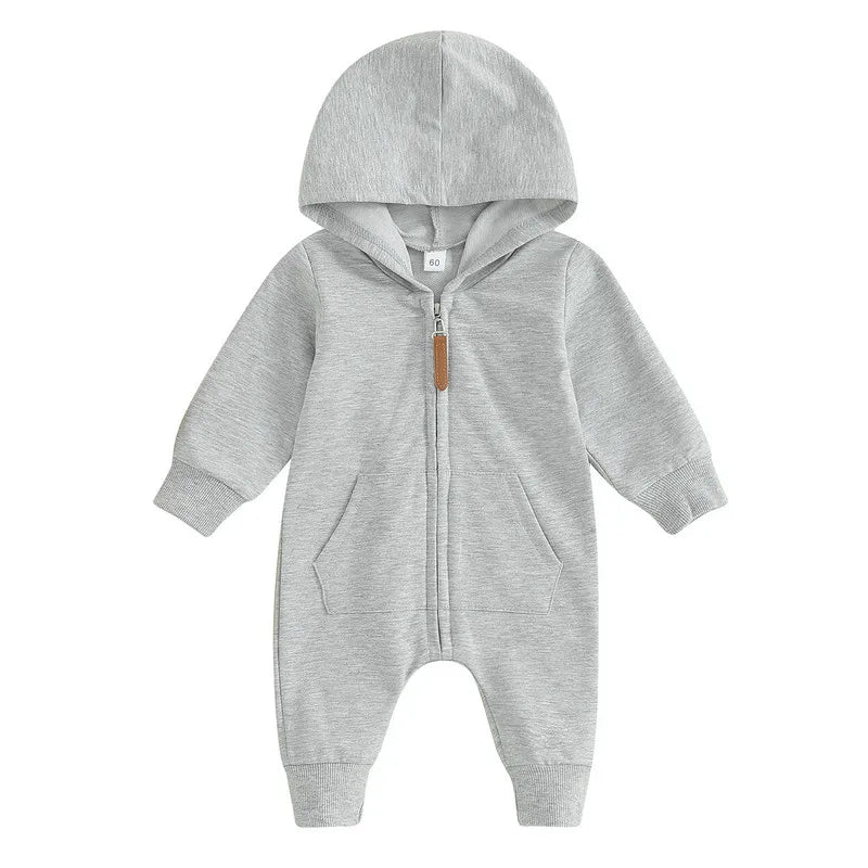 RUEWEY Baby Girl Boy Clothes Newborn Spring Autumn Hooded Romper Solid Color Zipper Jumpsuit for Kids Baby Items Clothing