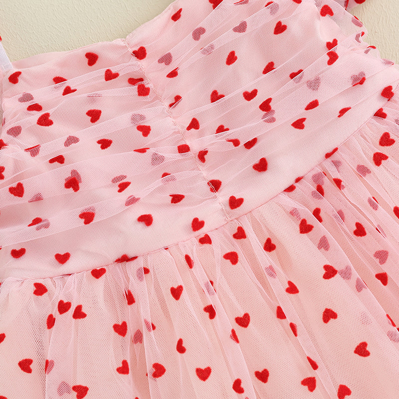 Lioraitiin 6M-4Y Cute Baby Girl Valentine’s Day Dress Heart Print Short Puff Sleeve Tulle Dress Cute Princess Dress