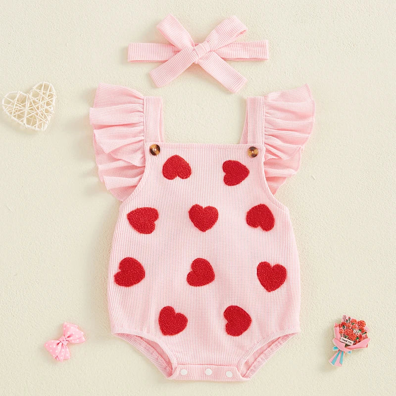 Sweet Style Newborn Girls Romper Summer Sleeveless Infant Clothes Princess Heart Bodysuit with Hairband Valentine’s Day Clothes