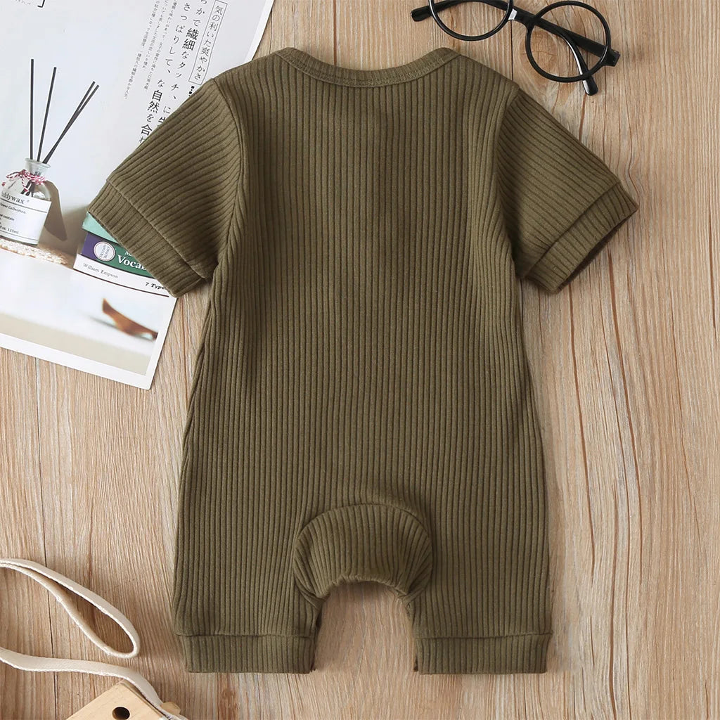 Baby Boys Girls Short Sleeve Romper Summer Toddler Clothes Infant Solid Color Knit Rib O Neck Jumpsuits Playsuit Outfits