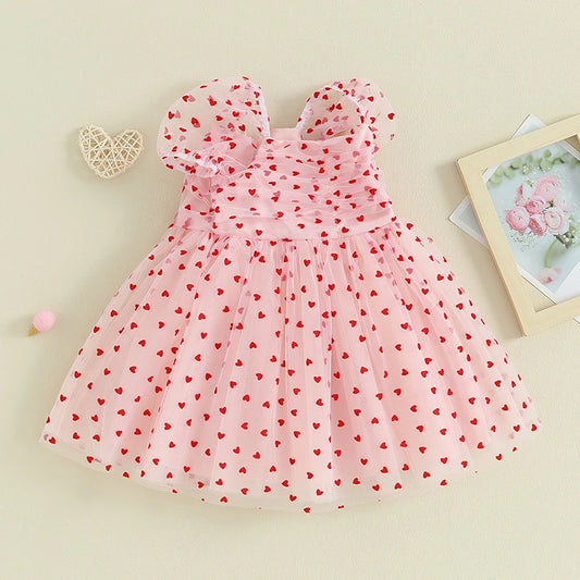 Lioraitiin 6M-4Y Cute Baby Girl Valentine’s Day Dress Heart Print Short Puff Sleeve Tulle Dress Cute Princess Dress