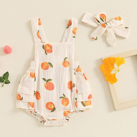 Lioraitiin Summer Baby Girls Romper Peach Print Sleeveless Square Neck Side Tiered Ruffled Jumpsuit with Bow Headband