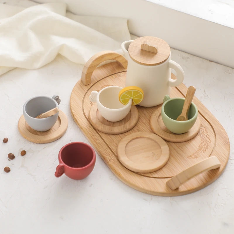 Wooden Children Montessori Toy Teapot Teacup Simulation Kitchen Utensil  BPA Free Silicone Kid Education Pretend Play Toy Gift