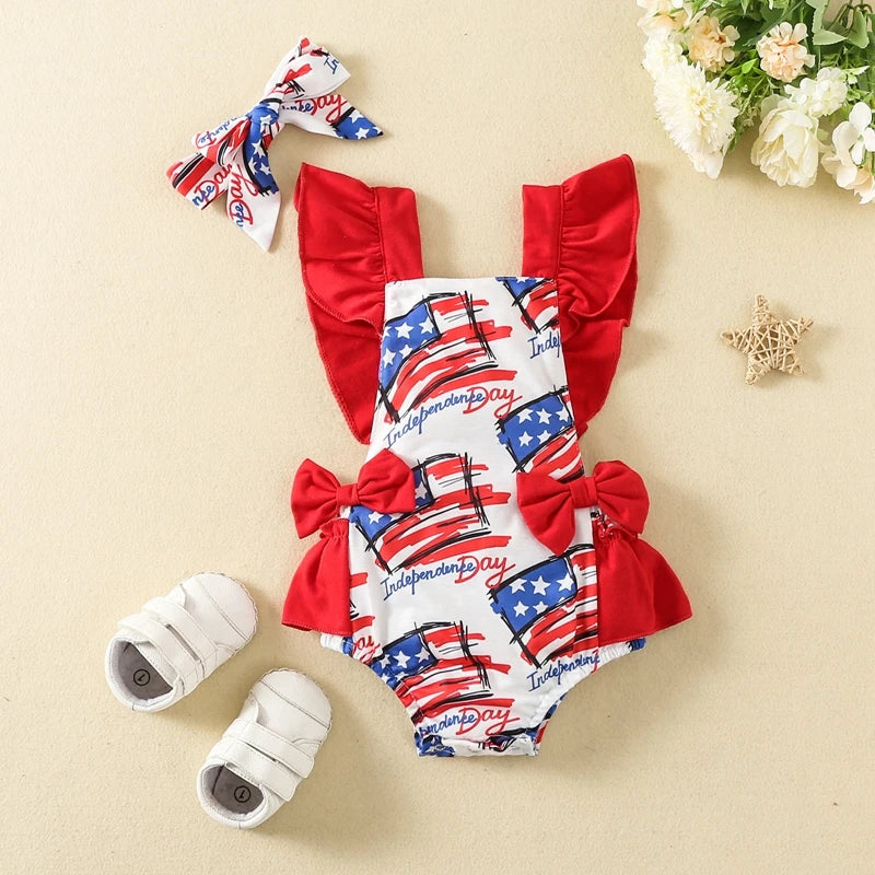 Pudcoco Baby Girl 4th of July Outfit Letter American Flag Print Fly Sleeve Romper Bow Headband 2 Piece Summer Set Infant Toddler