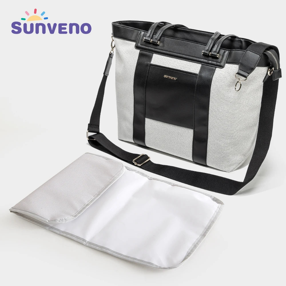 Sunveno Fashion Luxury Tote Diaper Bag Canvas+PU Stitching High Capacity Durable Shoulder Bags for Mommy