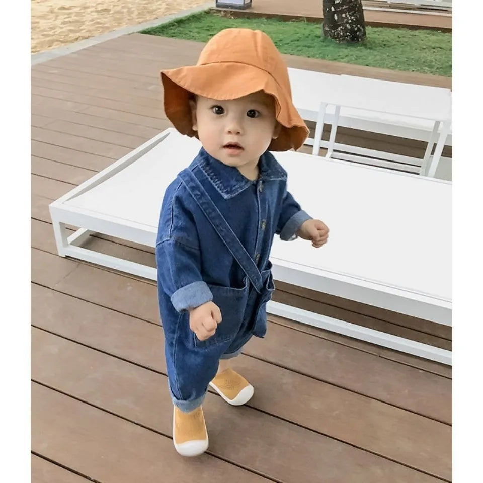 New Autumn Baby Cardigan Dungarees Style Casual Romper Boy Girl Children Solid Full Sleeves Denim Jumpsuit Kid Cotton One-piece