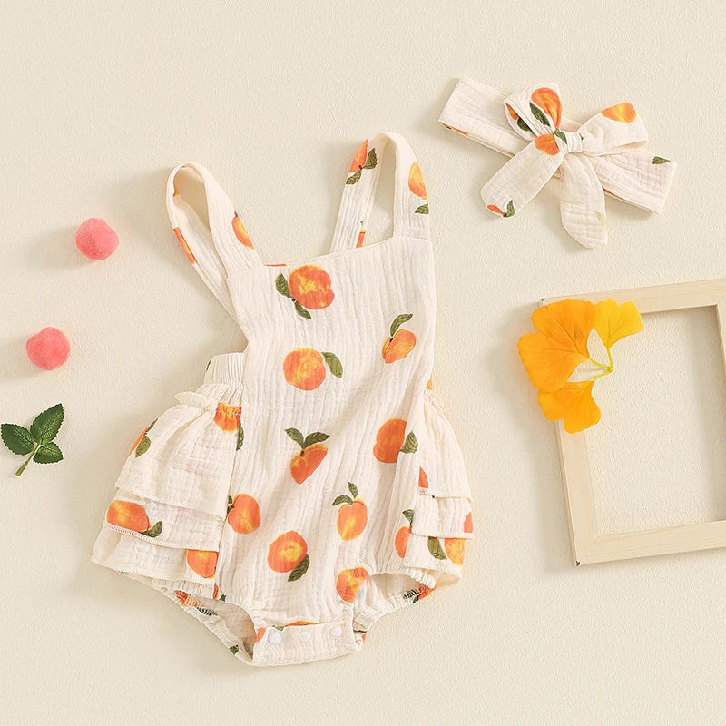 Lioraitiin Summer Baby Girls Romper Peach Print Sleeveless Square Neck Side Tiered Ruffled Jumpsuit with Bow Headband