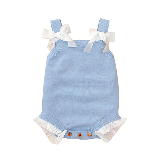 Adorable Bowknot Spaghetti Straps Knitted Sleeveless Newborn Baby Girls Cotton Rompers Breathable Baby Bodysuit For Summer