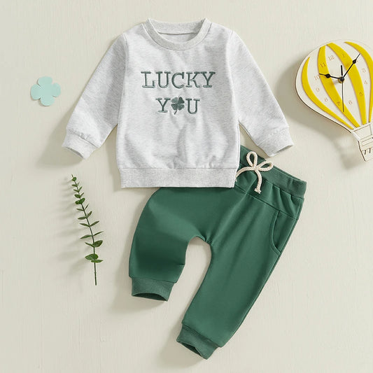 Toddler 2-Piece Spring Ensemble with Shamrock Embroidery Sweatshirt and Pants - St Patrick s Day Outfit for Baby Boy or Girl