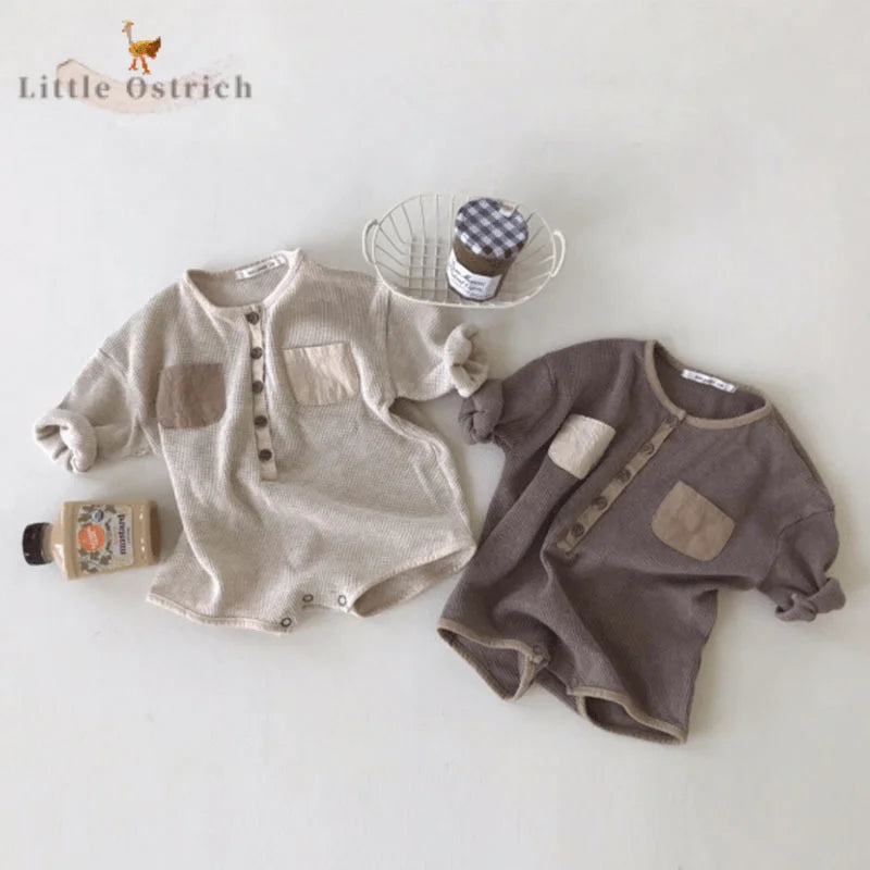 Newborn Baby Girl Boy Cotton Romper Long Sleeve Waffle Jumpsuit Toddler Child Solid Color Pocket Pullover Baby Clothes 3-18M