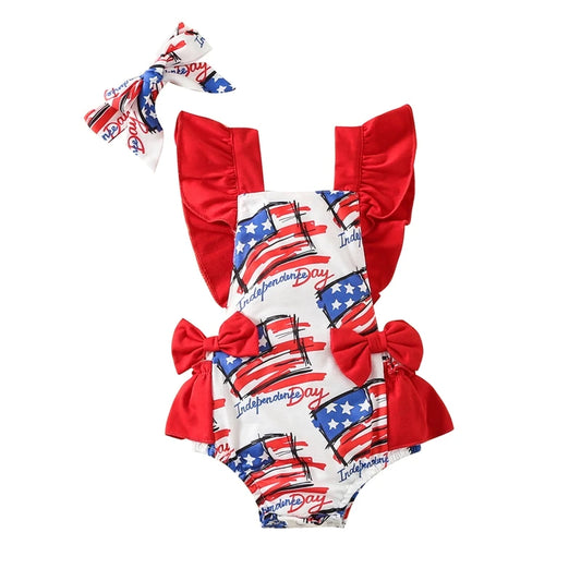 Pudcoco Baby Girl 4th of July Outfit Letter American Flag Print Fly Sleeve Romper Bow Headband 2 Piece Summer Set Infant Toddler