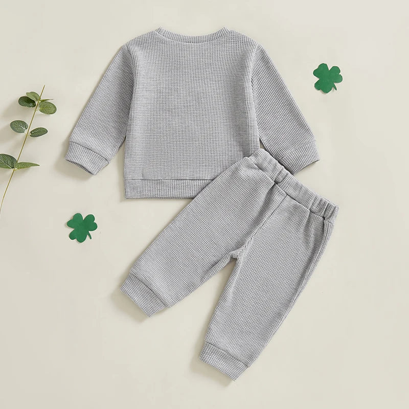 Lioraitiin Toddler Baby Boy St Patricks Day Outfit Letter Embroidery Long Sleeve Waffle Knit Sweatshirt and Pants Set