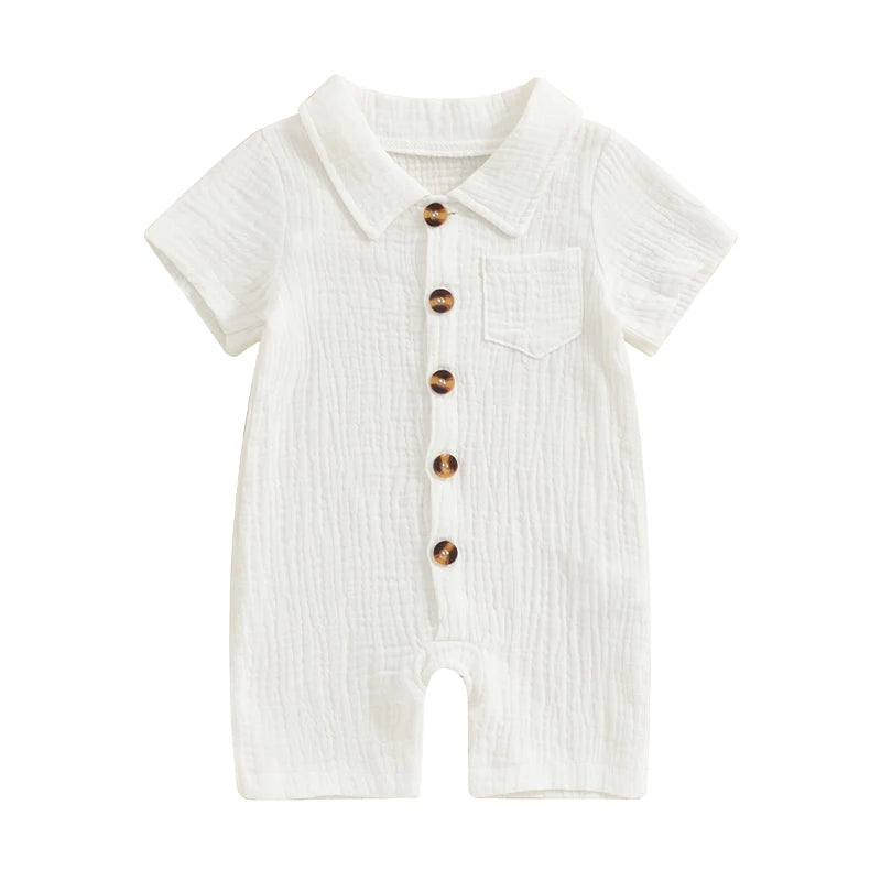 Baby Clothing Boys girl Summer Solid Cotton Linen Pocket Short Sleeve Button Rompers Jumpsuits For Newborn Clothes