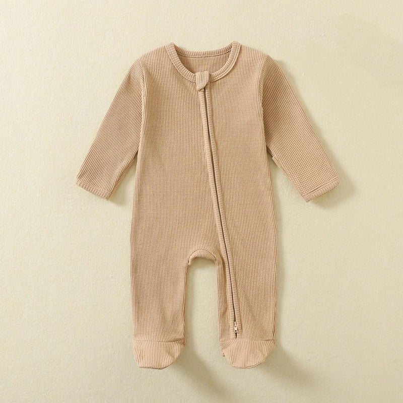 Organic Cotton Baby Rompers Waffle 100% Cotton Infant Boys Girls Jumpsuit Zipper Footed Solid Long-Sleeve Pajamas Sleepsuits