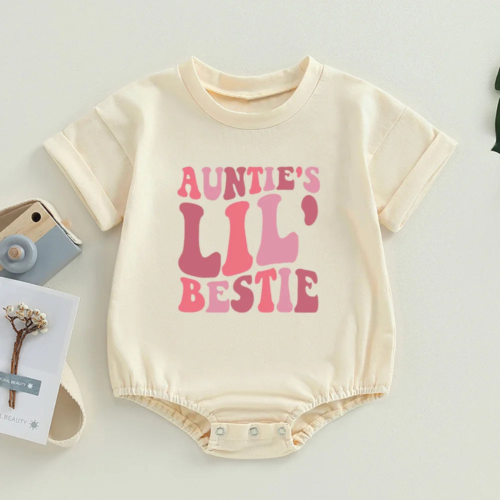 Auntie's Little Bestie Bubble Romper Newborn Baby Girl Boy Clothes Summer Short Sleeve Crewneck Cute Bodysuit Top Outfit